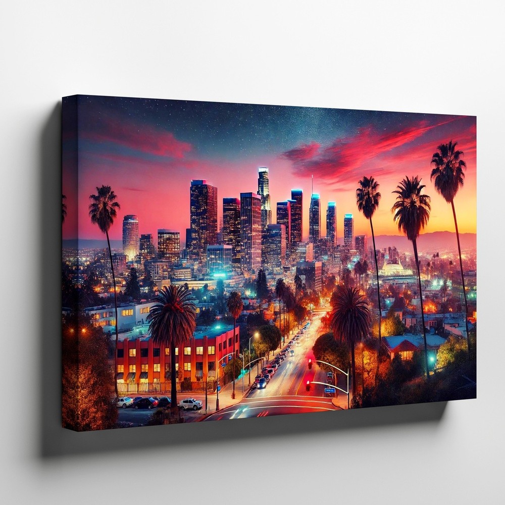 Los Angeles City Skyline Canvas Wall Art Sunset Urban Palm Trees Decor Print