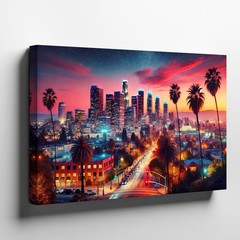 Los Angeles City Skyline Canvas Wall Art Sunset Urban Palm Trees Decor Print