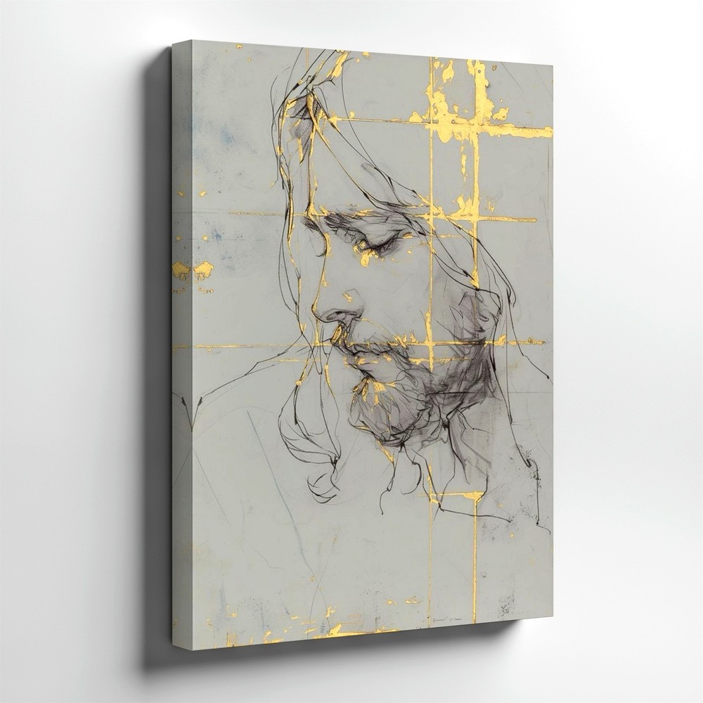 Wall Art Abstract Female Portrait Sketch Gold Foil Lines Modern Canvas Print