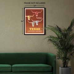 1953 Texas American Airlines Travel Poster Longhorn Cattle Mid-Century Aviation