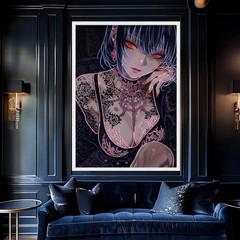 Cyberpunk Anime Girl Poster, Gothic Red Eyes Manga Art, Black White Wall Decor