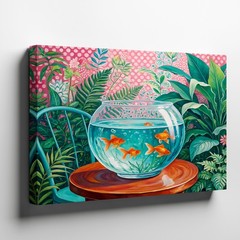 Goldfish in Glass Bowl Tabletop Tropical Plants Canvas Wall Art Print Decor
