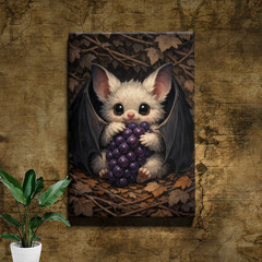 Gothic Baby Bat Holding Grapes Fluffy White Framed Canvas Wall Art 12x18inch