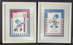Set of 2 VTG Walt Disney Pinocchio Jiminy Cricket Bathroom Art Prints 8×10 Frame