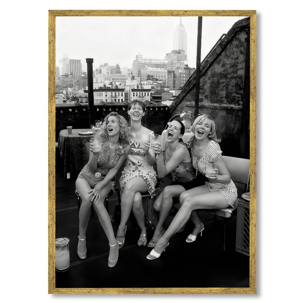 Gold Framed Black and White Canvas Wall Art Vintage New York Rooftop Woman Pa…