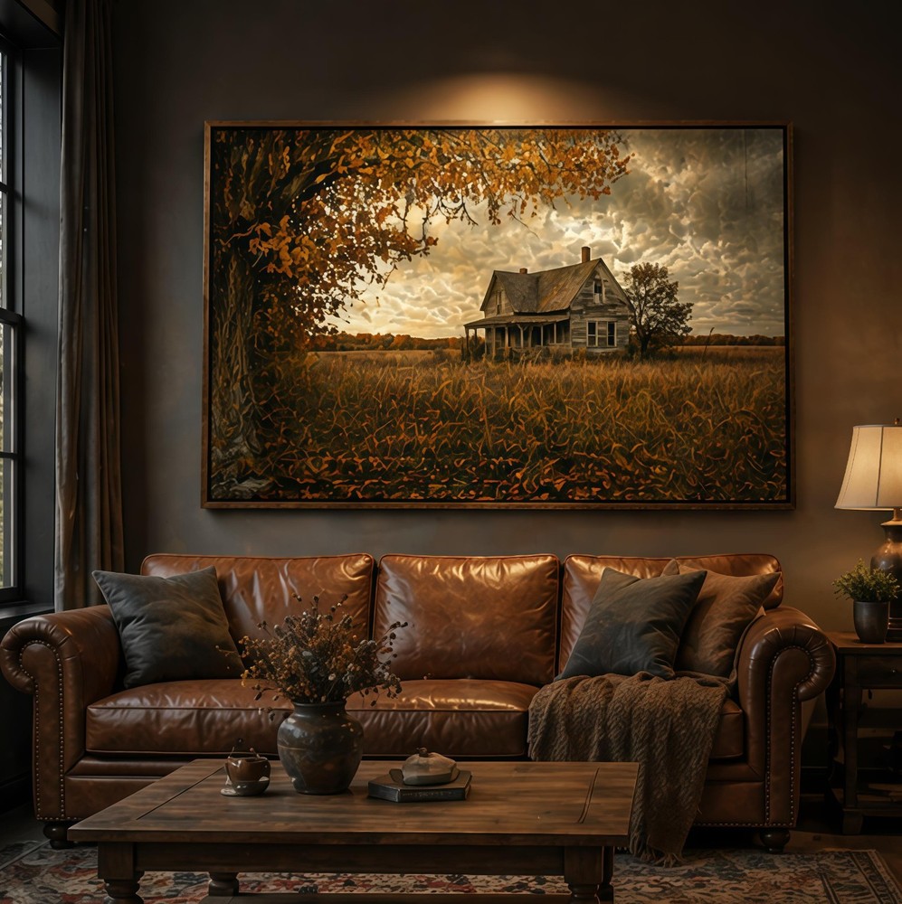 Vintage Abandoned Farmhouse Autumn Canvas Wall Art – Landscape Home Decor Print