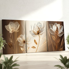 3 Pieces Elegant Neutral Toned Floral Large Wall Art Set for Living Set Of 3
