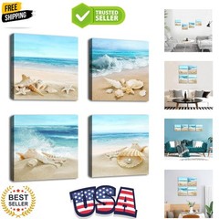Beach Waves Wall Art Ocean Decor Sands Seashell Starfish Nature Pictures Blue…