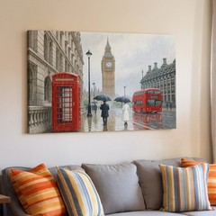 London rainy street scene canvas wall art red telephone booth double decker bus