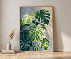 Minimalist Japandi Monstera Poster Green White Plant Living Room Wall Decor