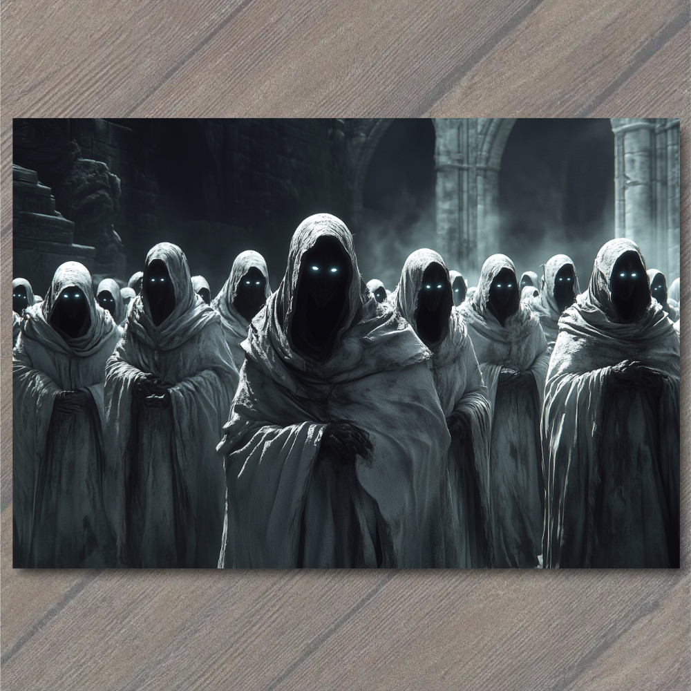 Art Print Glowing Eyes Hooded Figures Stone Ruins Horror Cult Dystopian Fog