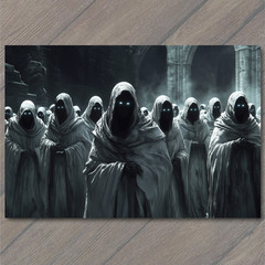 Art Print Glowing Eyes Hooded Figures Stone Ruins Horror Cult Dystopian Fog