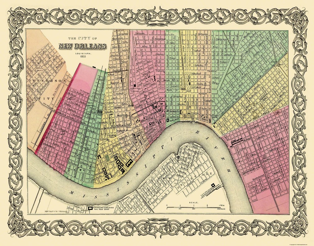 Historic City Map – New Orleans Louisiana – Colton 1855 – Vintage Wall Art