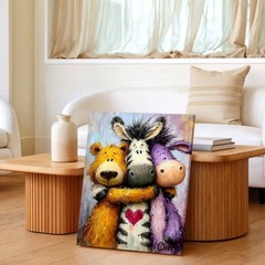Wall Art Cute Animal Friends Painting Zebra Bear Donkey Hugging Canvas Print