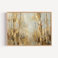 Abstract Dense Forest Landscape Painting, Earthy Beige and Gold Leaf Woods Art