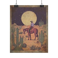 Vintage WESTERN COWBOY MOON Wall Art, Celestial Americana Desert Cactus Decor