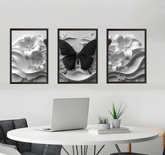 Black Butterfly Wall Art Set of 3 White Flowers Canvas Modern Floral Decor
