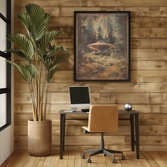 UFO ALIEN FOREST Fine Art Print, Retro Sci-fi Cryptid Poster, UAP Flower Decor