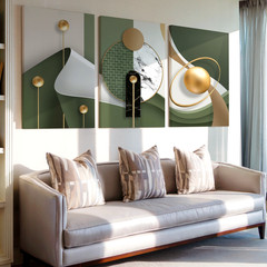 3 Pieces Modern Abstract Geometric Gold Green Large Wall Art Canvas Set Of 3