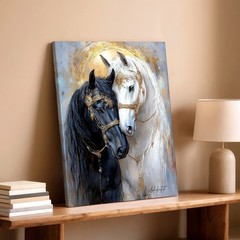 Wall Art Black White Horses Canvas Print Gold Bridal Portrait Home Decor Poster