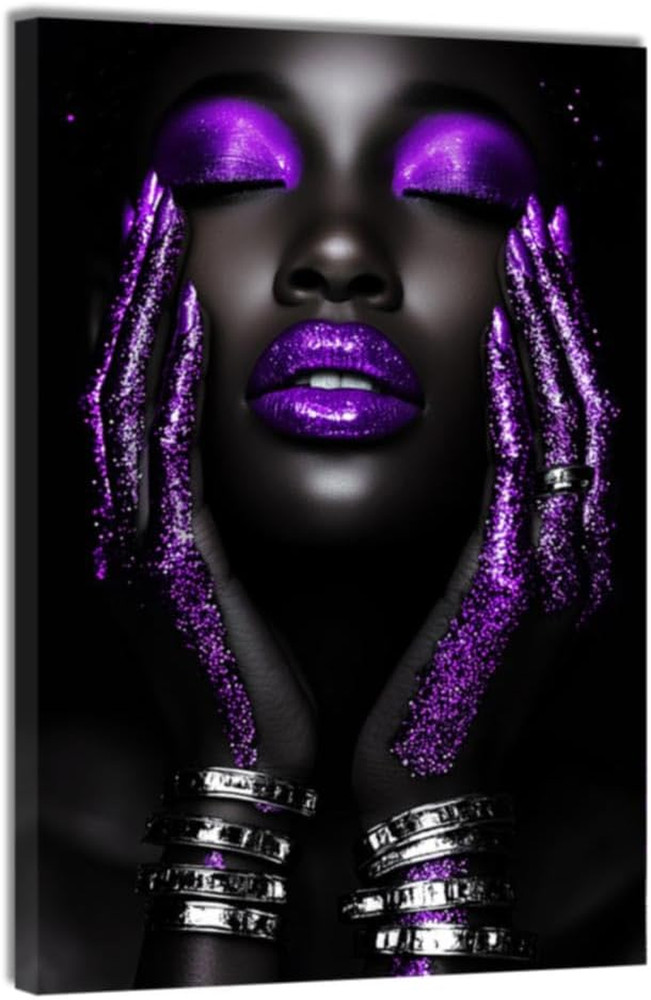 Purple Afro Woman Canvas Art – Modern Black Girl Wall Decor (20″x30″)