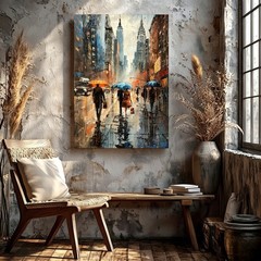 Wall Art Rainy City Street Painting Umbrella Figures Urban Skyline Canvas Poster
