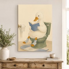 Funny Duck Reading Book on Toilet Canvas Print Whimsical Bathroom Wall Art