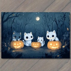 Art Print Halloween Black Cats Pumpkin Full Moon Cute Fun Fall Spooky Adorable