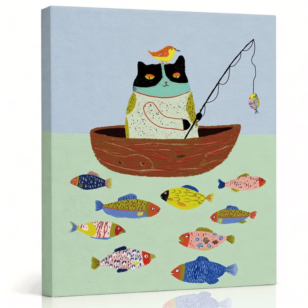 Whimsical Cat Wall Art, Playful Animal Canvas Painting, Cute Fishing Cat with…
