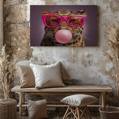 Leopard with Pink Sunglasses Blowing Bubblegum Canvas Wall Art Animal Decor