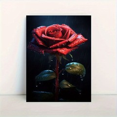 Canvas Art Dewy Red Rose Dark Rainy Single Flower Wall Decor