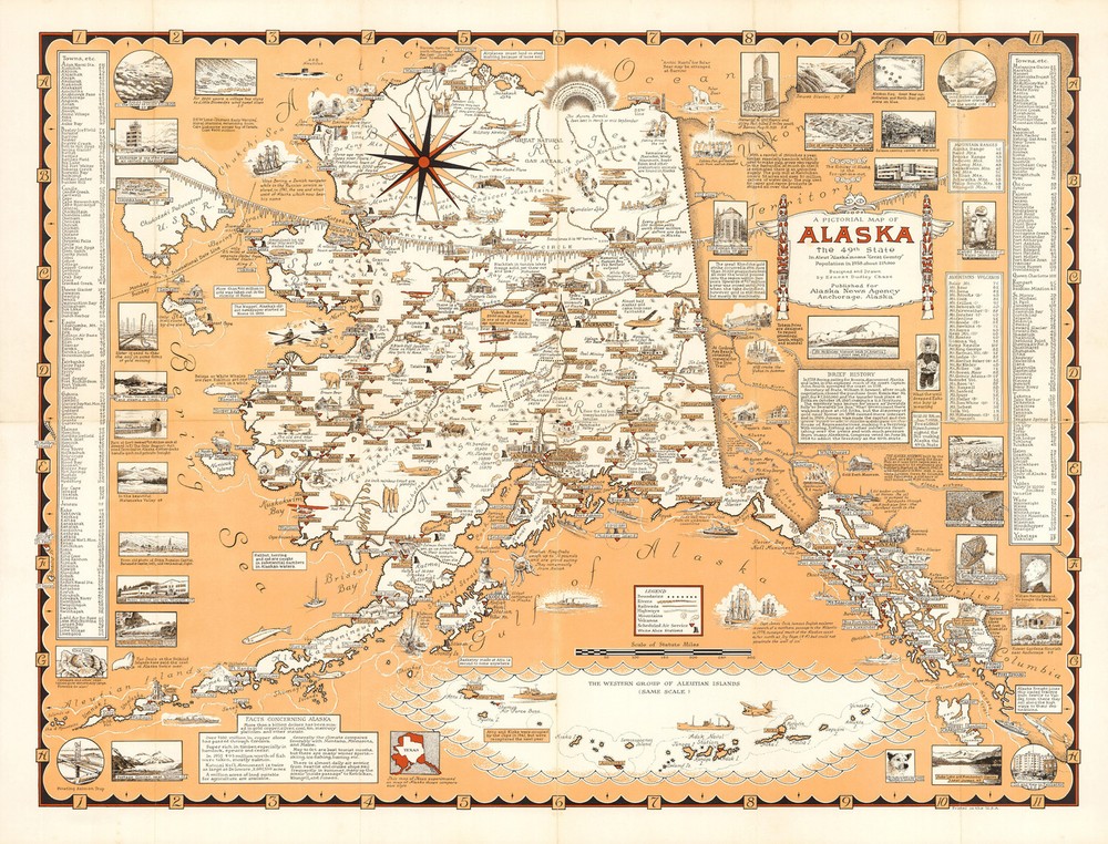 Early Pictorial Map of Alaska, the 49th State Wall Art Poster Vintage History