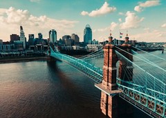 Cityscape of Cincinnati Skyline Roebling bridge Picture Photo Poster Print
