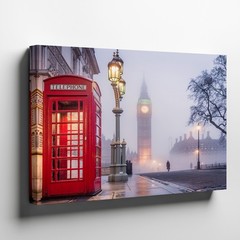 London Big Ben and Red Telephone Booth Foggy Landscape Canvas Wall Art Print