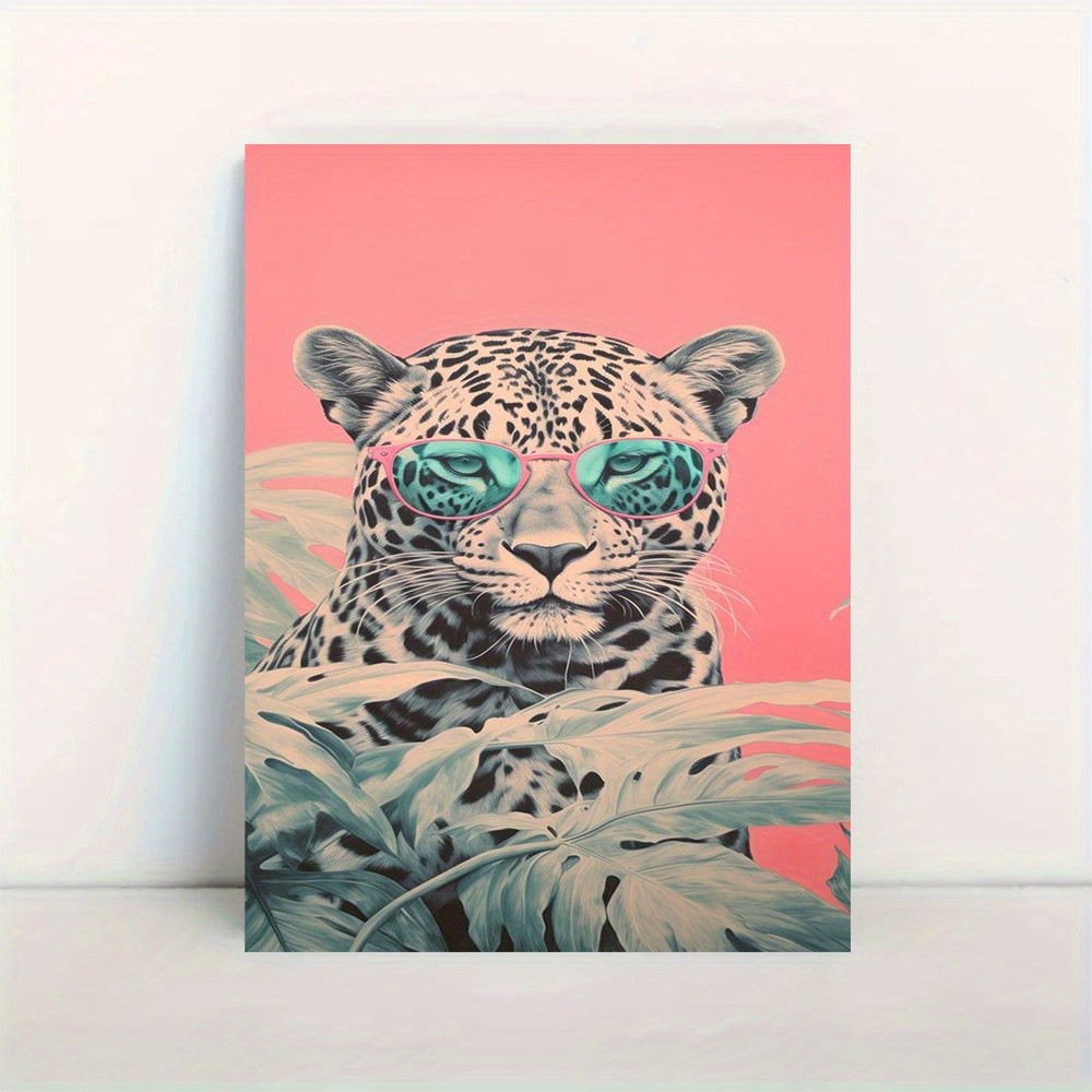 Framed Canvas Pink Sunglasses Leopard Tropical Leaf Retro Pop Decor
