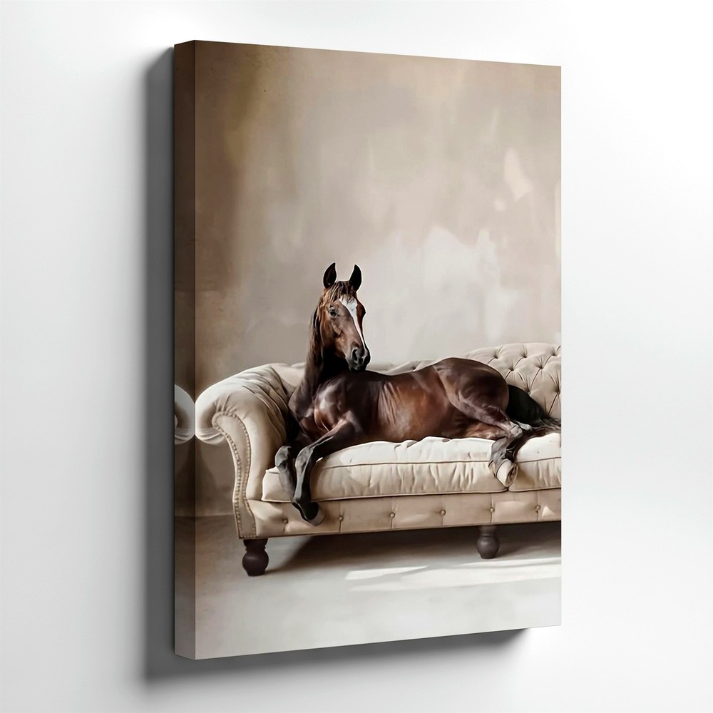 Wall Art Brown Horse on Tufted Sofa Canvas Print Rustic Farmhouse Home Decor