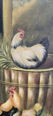 Vtg Rooster Chickens Farm Life Oil Painting on Canvas Frame 30X20.5″ Art 25X16″