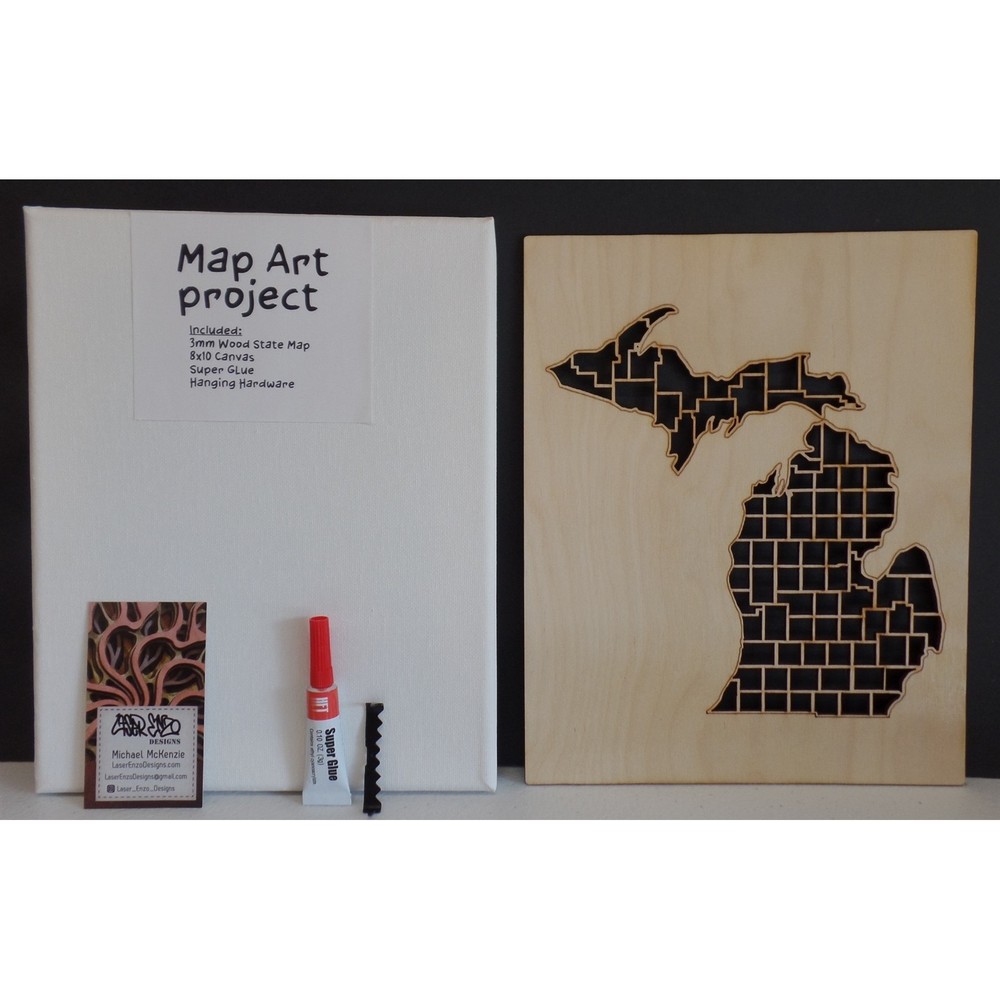 Michigan Map Craft Kit Natural Wood Laser Cut & Canvas 8×10 Wall Decor USA #M16