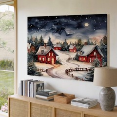 Cozy Winter Village Canvas Wall Art Snowy Red Houses Moonlight Forest Print