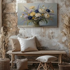 Yellow White Blue Floral Bouquet Canvas Wall Art Flower Print Painting Art Print