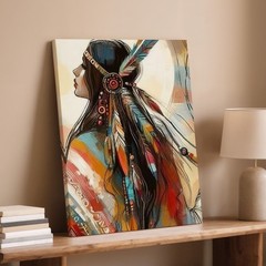 Native American Woman Feather Headdress Colorful Abstract Canvas Wall Art Print