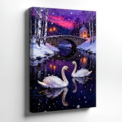 Wall Art Winter Swan Lake Canvas Print Snowy Bridge Church Birch Trees Decor
