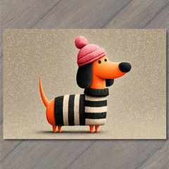 Art Print Dachshund Dog Knit Hat Sweater Striped Beige Tan Cute Winter Cozy Look