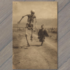 Art Print Boy Running Skeleton Dirt Road Creepy Funny Halloween Retro Humor