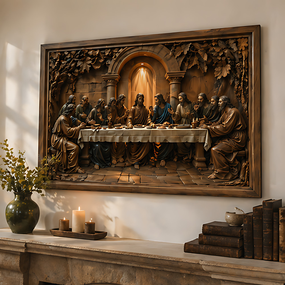 The Last Supper 3D Wood Carving Style Canvas Wall Art – Religious Decor