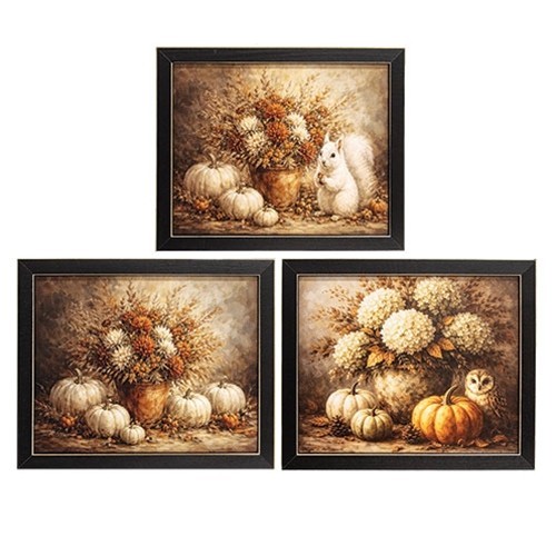 NEW PRIMITIVE FALL HARVEST PUMPKINS PRINTS 3 ASSORT 11″Wx9″H Framed OWL FLOWERS