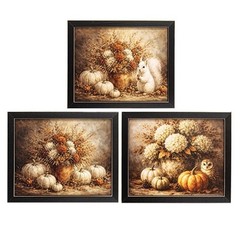 NEW PRIMITIVE FALL HARVEST PUMPKINS PRINTS 3 ASSORT 11″Wx9″H Framed OWL FLOWERS