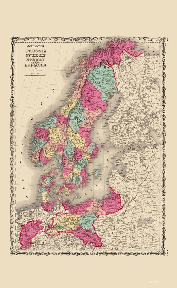 Historic Map – Prussia Sweden Norway Denmark – Johnson 1860 – Vintage Wall Art