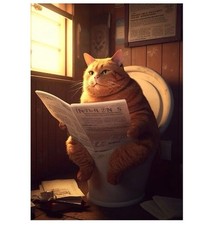 Funny Animal Wall Art Fat Cat Toilet Newspaper Poster For Children’S Room 12×16
