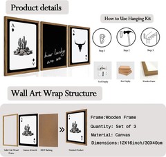 Western Wall Art Set of 3, Southwestern Cowboy Playing Card Wall Decor, Longhorn